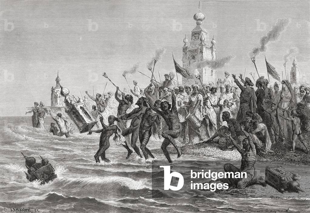Celebrating the Moharum Festival in remembrance of the martyrdom of Imam Hussein, Bombay, India in the 19th century.