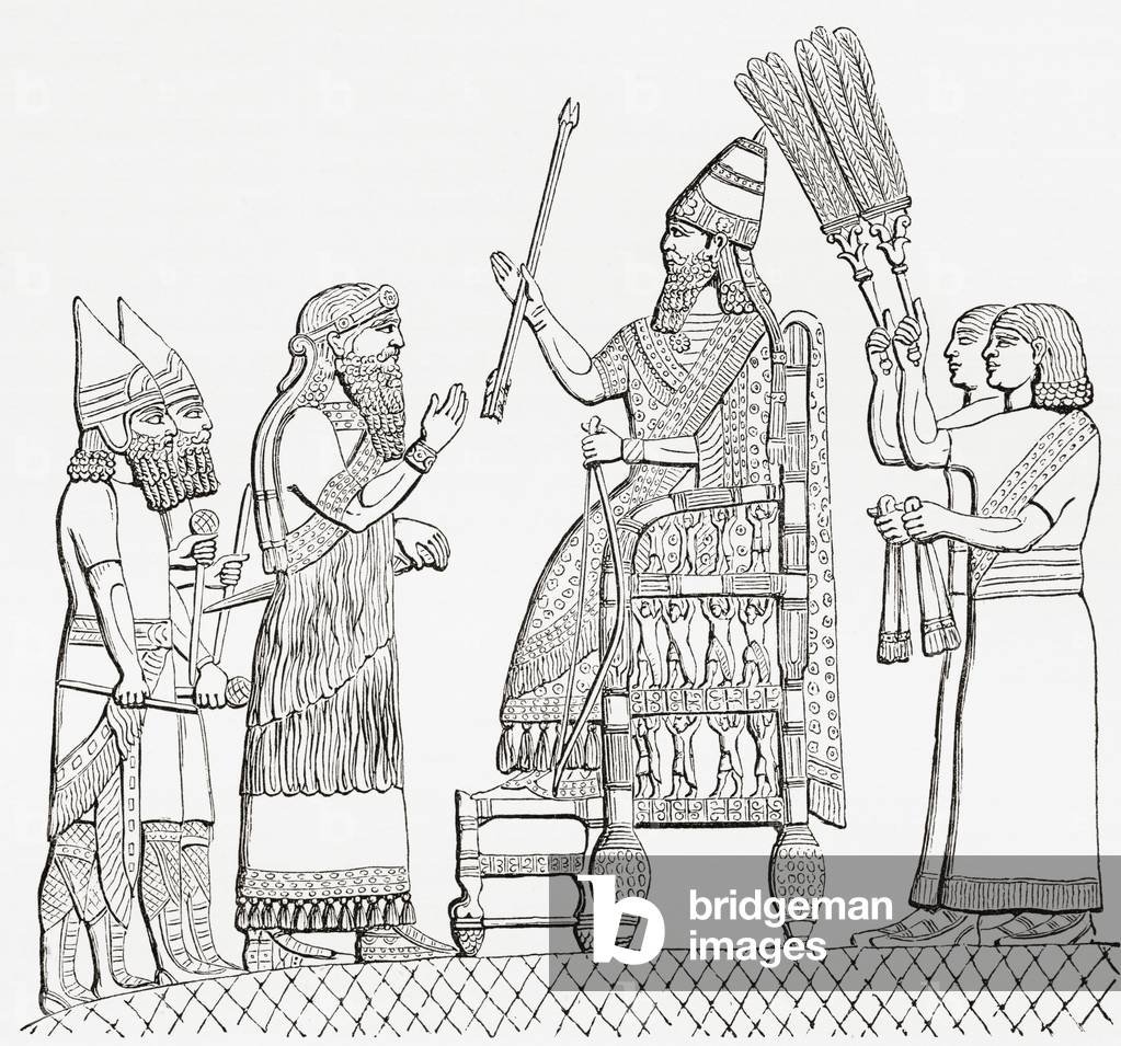 Sennacherib, Assyrian king, on his throne before the city of Lachish (Lakhisha).   From The Imperial Bible Dictionary, published 1889.