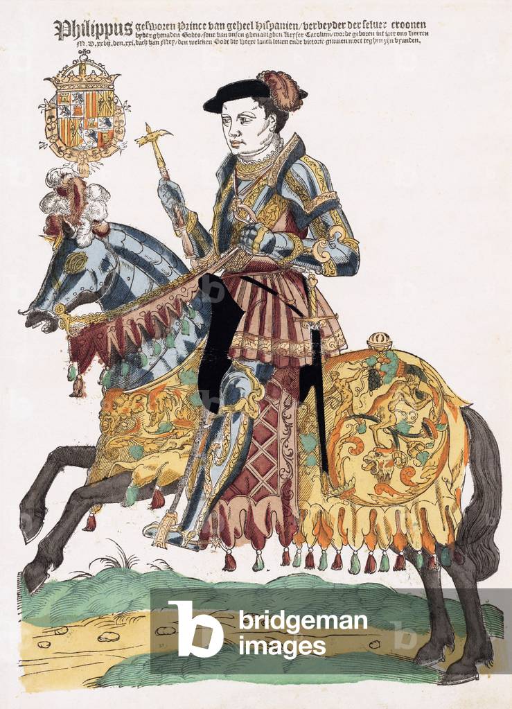 Portrait of King Philip II of Spain on horseback, 16th century (print)