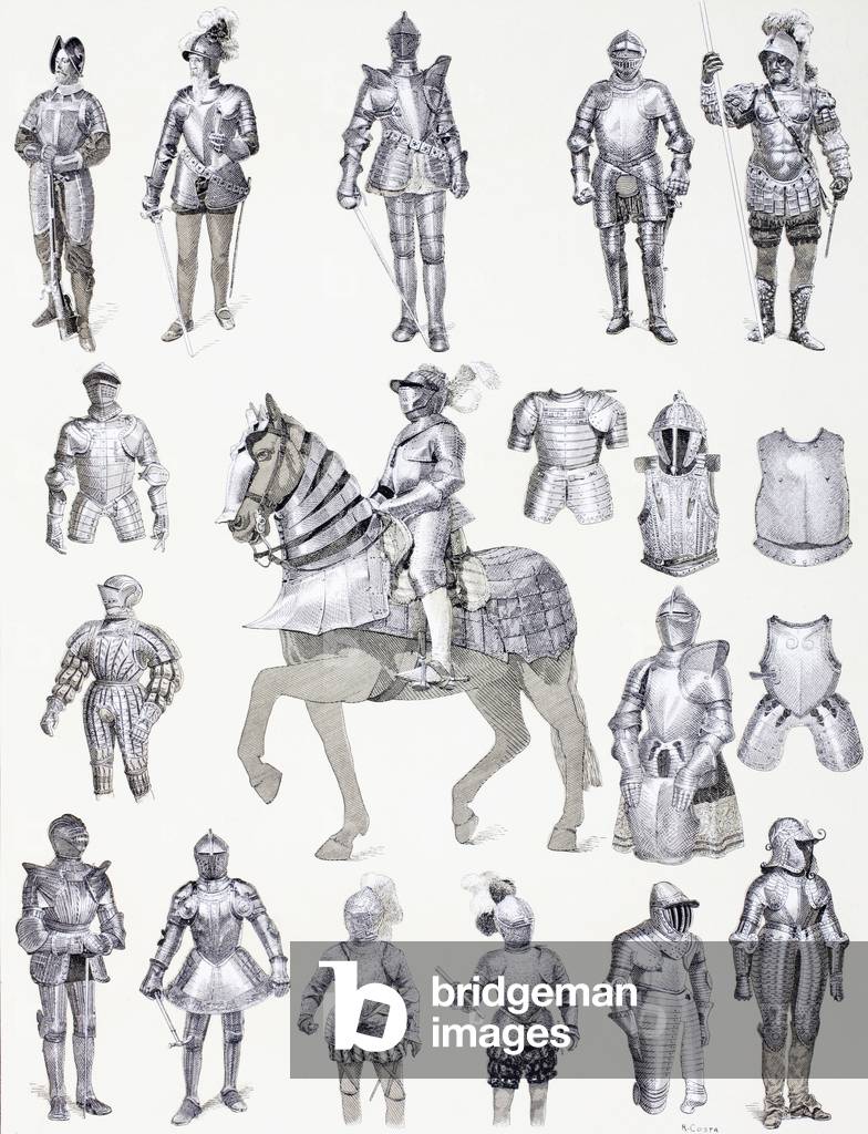 European suits of armour from the 16th, 17th and 18th centuries, from Enciclopediaa Ilustrada Segui, pub.1908