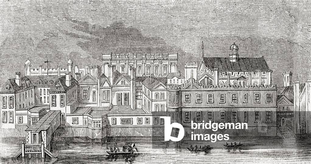 The Palace of Whitehall, Westminster, London, England as it appeared before the fire of 1691, from Old England: A Pictorial Museum, pub. 1847