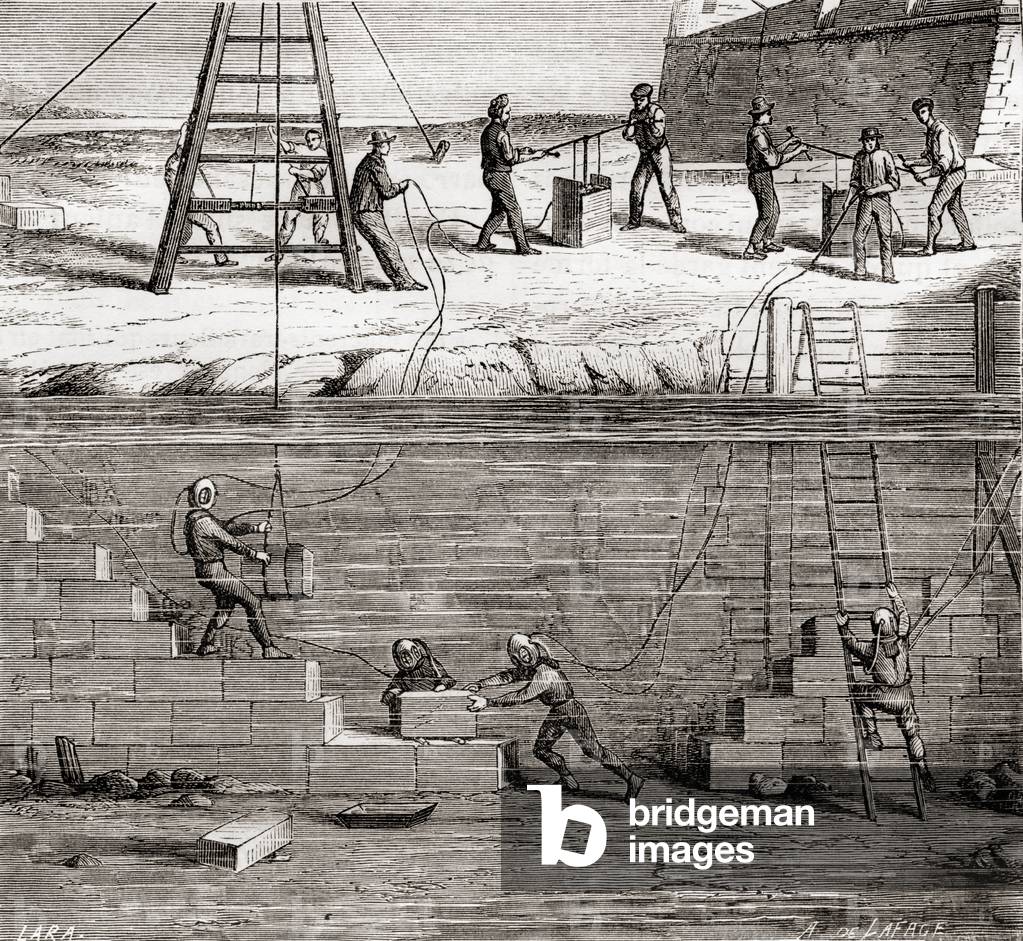 Workers in diving suits working on underwater constructions in the 19th century, from Les Merveilles de la Science, published c.1870 (engraving)
