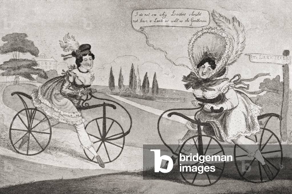 Two 19th century English ladies on bicycles.