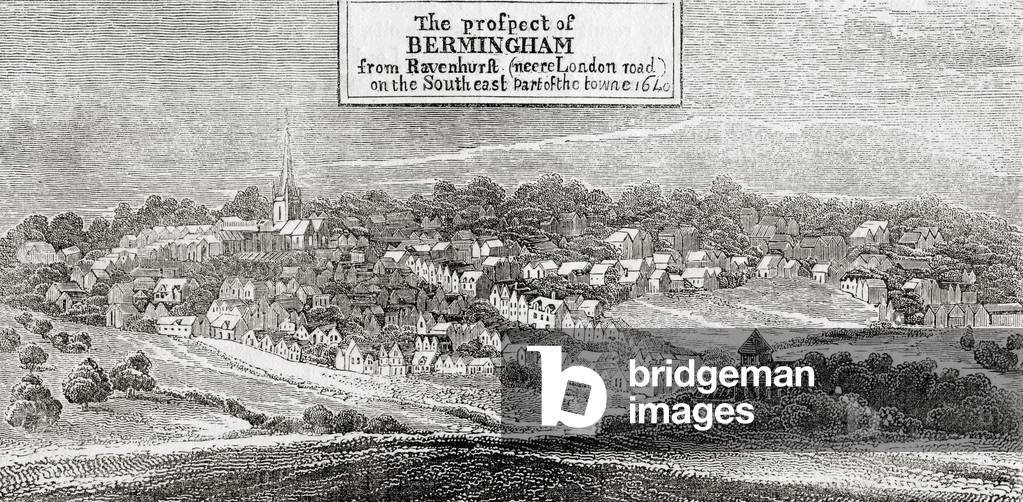 View of ancient Birmingham, England in the 17th century. From Old England: A Pictorial Museum, pub. 1847