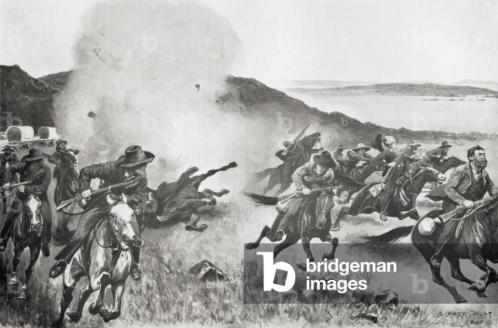 A shell from the Naval Brigade dispersing Boers from behind the Seven Sisters Kojes during the action of the 7th March, 1900 at Le Gallais Kopje near Osfontein, South Africa during the second Boer War, from 'South Africa and the Transvaal War', by Louis Creswicke, published 1900 (litho)