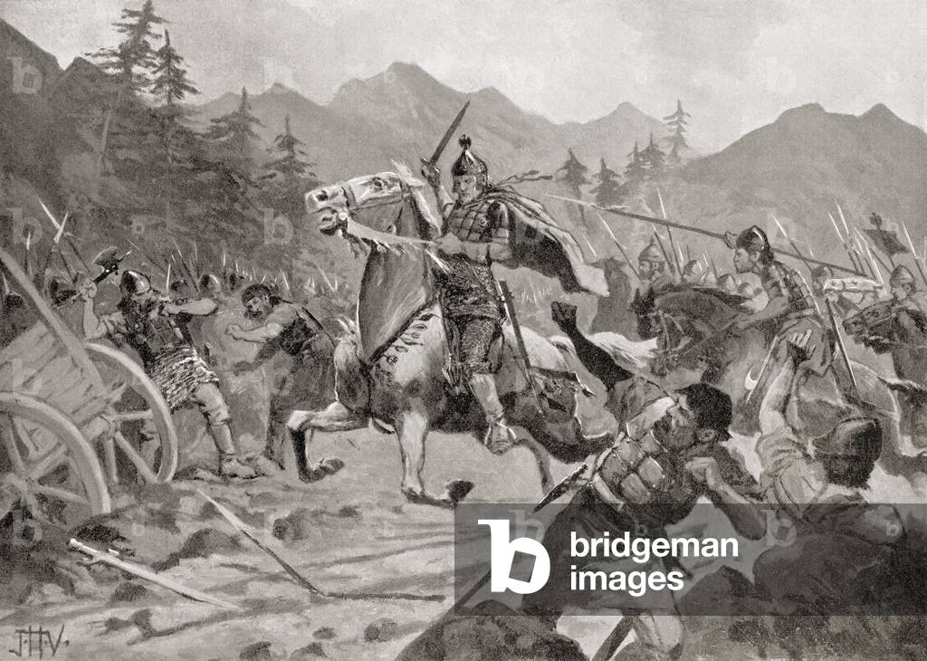 Basil II fighting the Bulgarians in 1017, After the painting by J,H, Valda, (d, 1941), from Hutchinson's History of the Nations, pub. 1915