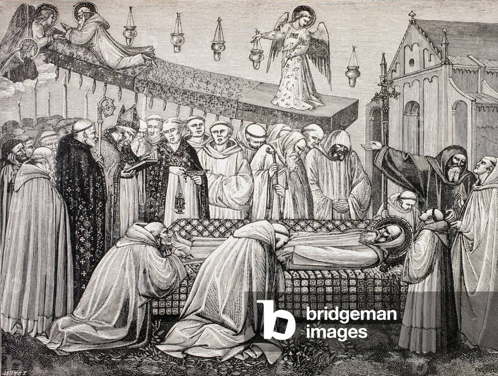 The death of St. Benedict of Nursia in the Abbey of Monte Cassino, from 'Military and Religious Life in the Middle Ages' by Paul Lacroix, published London c.1880 (litho)