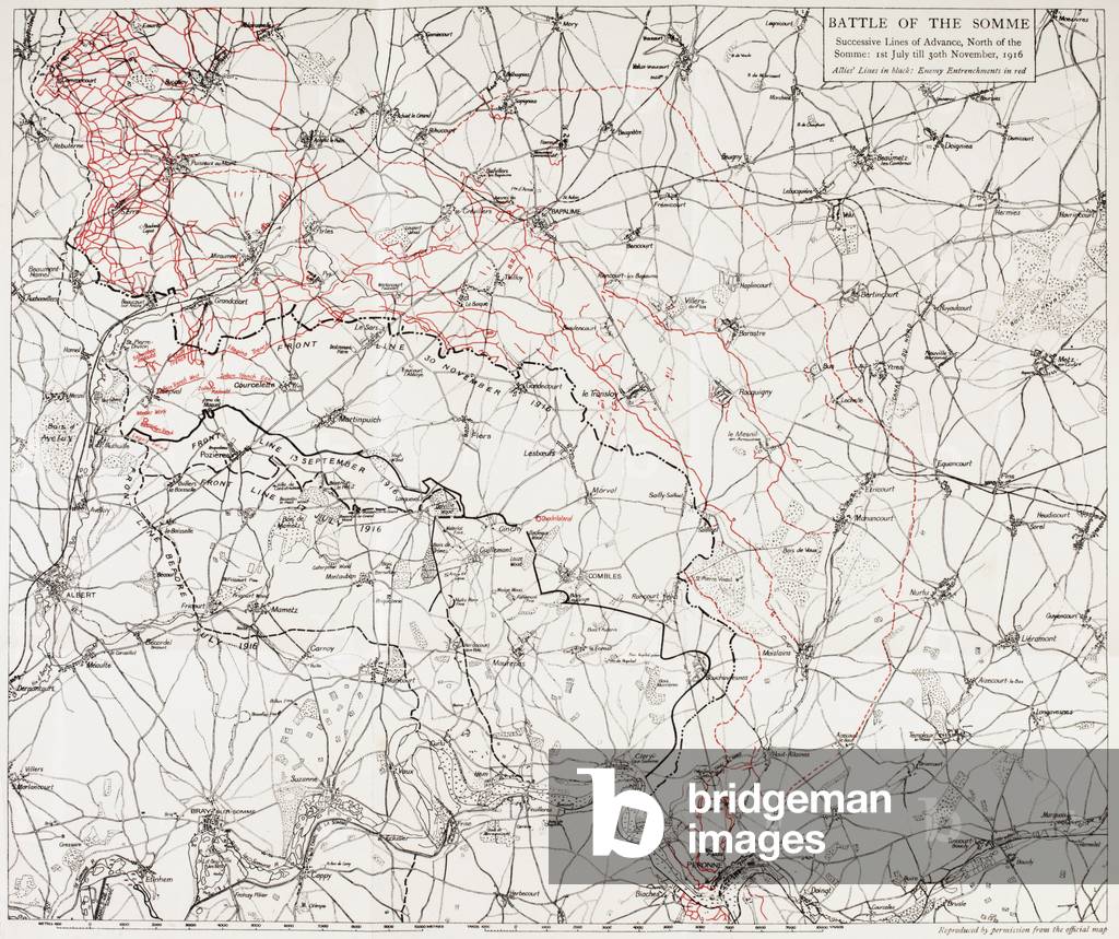 Map of the Battle of the Somme, or the Somme Offensive, in the First World War (colour litho)