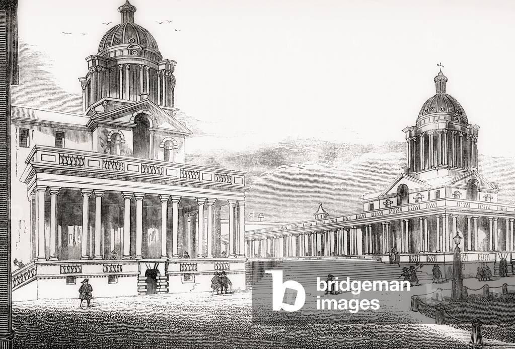 Greenwich Hospital, Greenwich, London, England, seen here in the mid 19th century when it was a permanent home for retired sailors of the Royal Navy, from Old England: A Pictorial Museum, pub. 1847