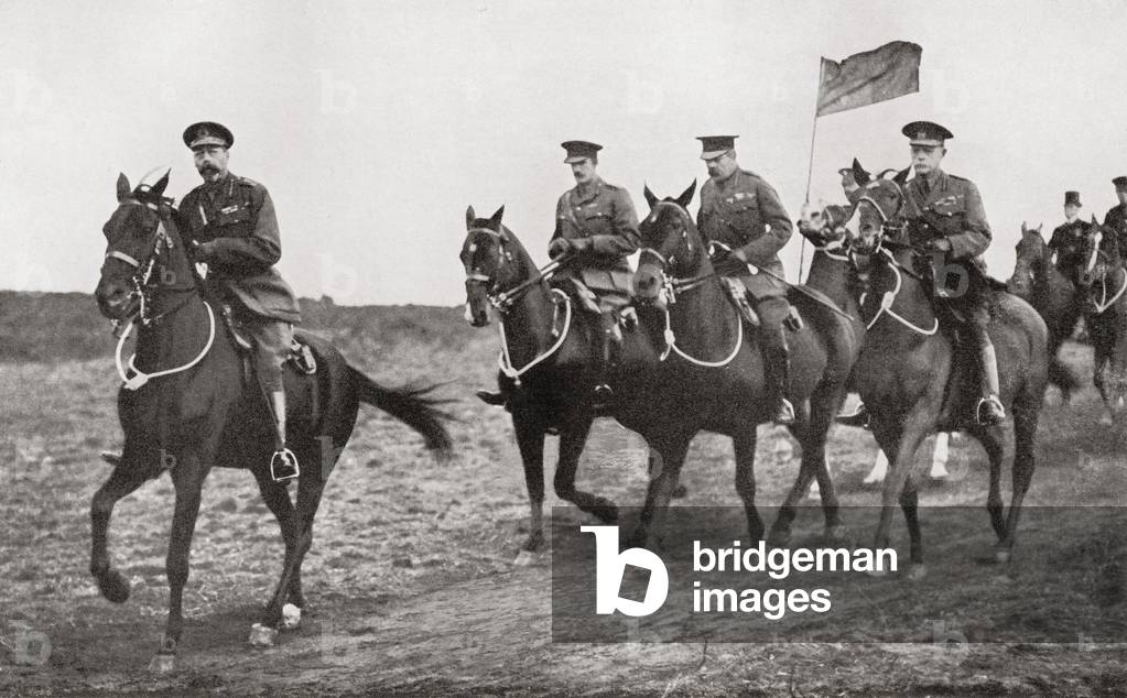 King George V and Lord Kitchener arriving at the parade ground near Aldershot for an inspection of Irish Soldiers.  Field Marshal Horatio Herbert Kitchener, 1st Earl Kitchener, 1850  1916. British Field Marshal.   From Field Marshal Lord Kitchener, His Life and Work for the Empire, published 1916.