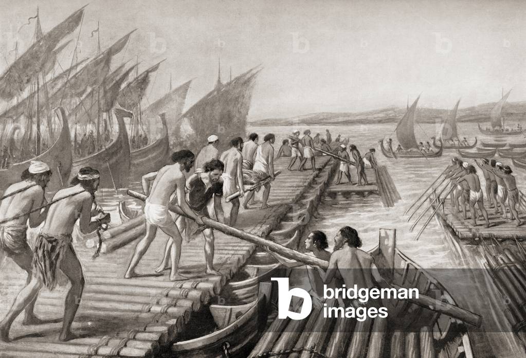 Phoenician sailors building a pontoon bridge across the Hellespont for Xerxes I of Persia enabling him to invade Greece, c. 480 BC.  From Hutchinson's History of the Nations, published 1915.