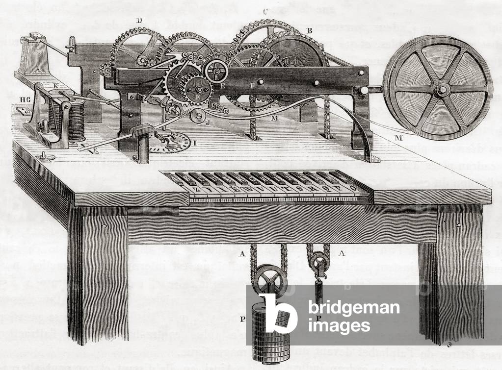 A David Edward Hughes telegraphic printing machine, from Les Merveilles de la Science, published c.1870 (engraving)