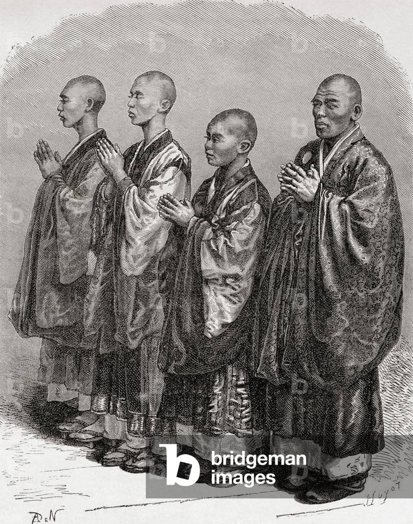 Japanese monks in prayer in the 19th century.