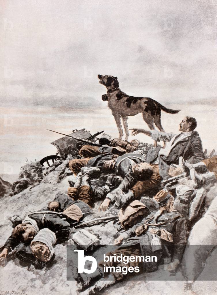 A trained dog working with the Red Cross standing by a survivor of a German attack and barking to draw attention to their position.  From  La Esfera, 1914.