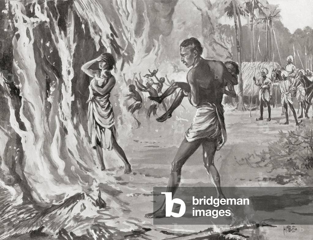Villagers in India sacrificing themselves on the fire to avoid the cruel raiding Pindaris, 1815, from Hutchinson's History of the Nations, pub.1915