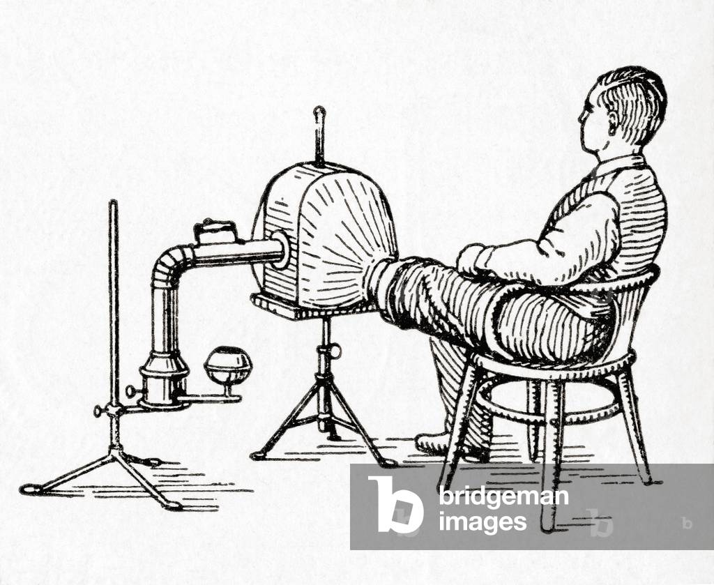 A 19th century hot air apparatus used for heating limbs, from Meyers Lexicon, pub. 1927
