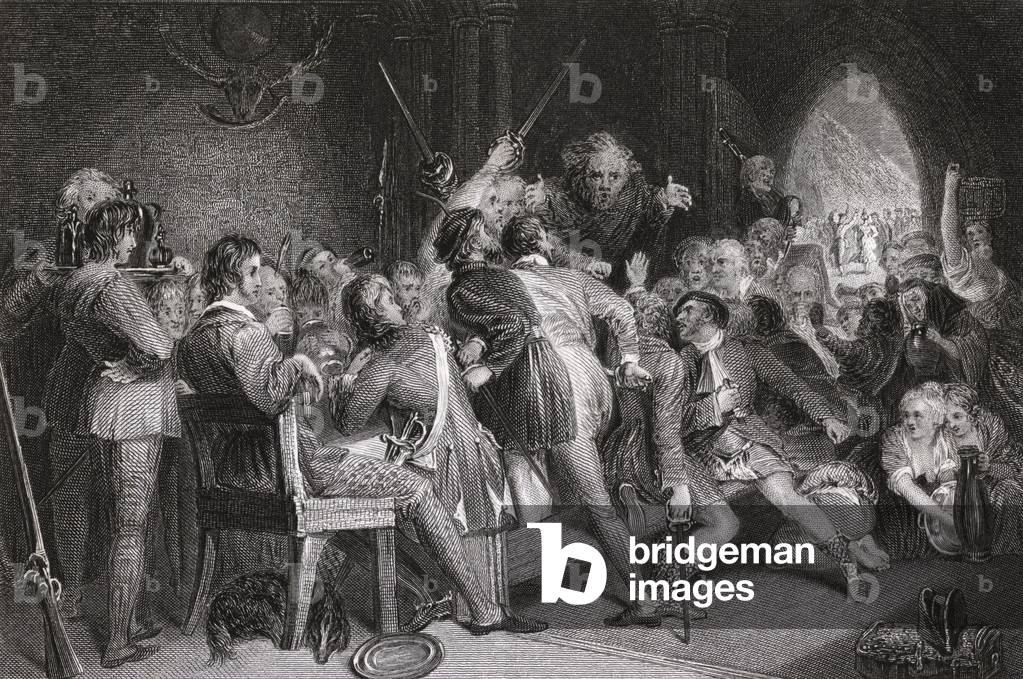 The Hall of Glennaquoich - a Highland Feast, engraved by P. Lightfoot, from 'Waverly' by Sir Walter Scott (1771-1832) (litho)