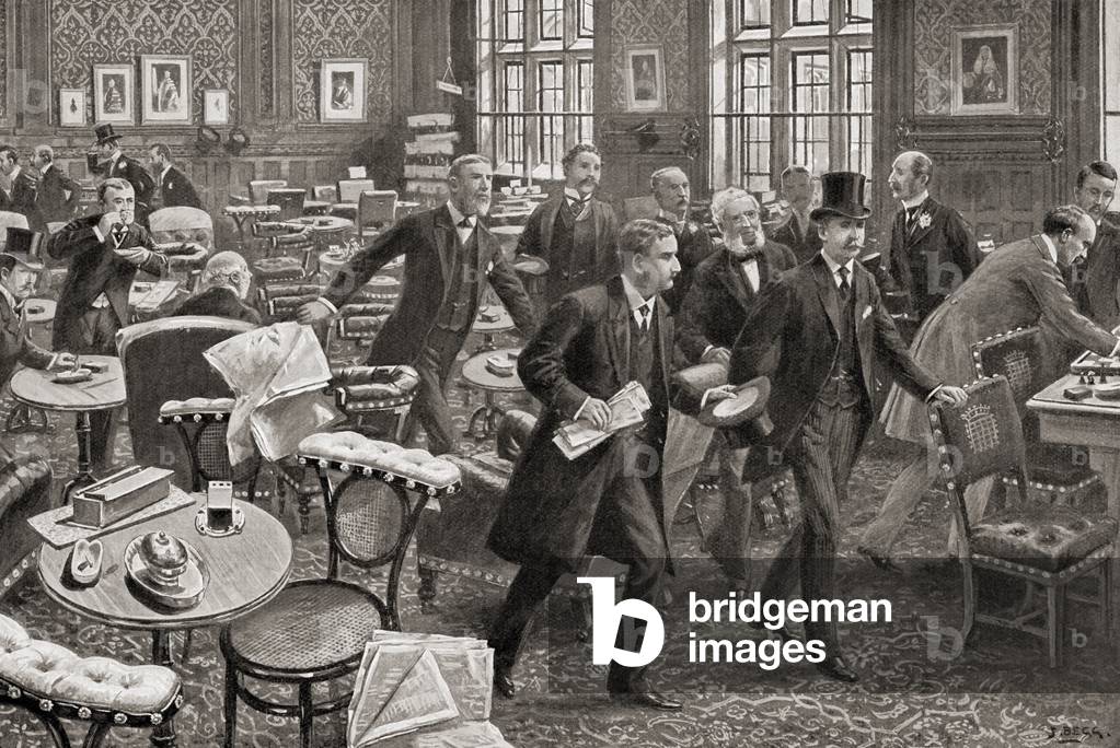 Members of Parliament, in London, England, leaving the smoking room when the division bell is rung.