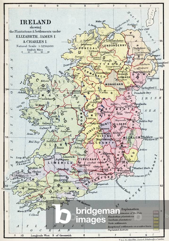 Map of Ireland showing the Plantations and Settlements under Elizabeth, James I and Charles I, from 'Historical Atlas', published by W. & A.K. Johnston Limited, 1911 (colour litho)