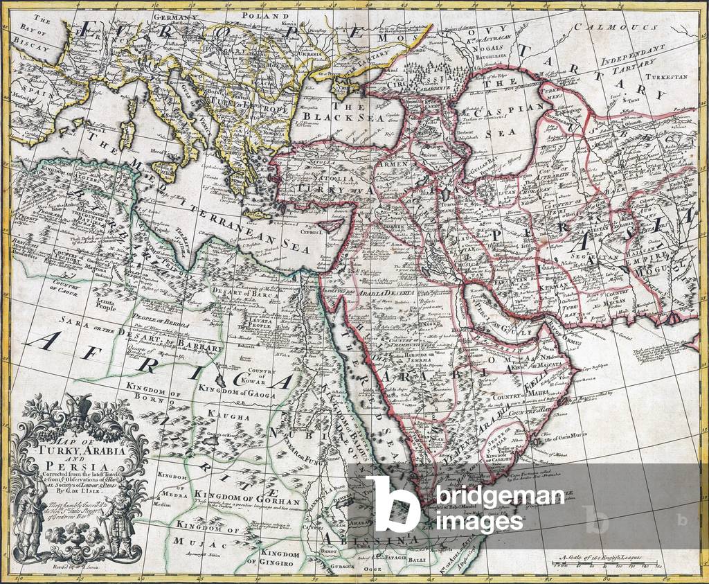 Map of Turkey, Arabia and Persia, after Guillaume de L'Isle, revised by John Senex, from the 'New General Atlas of 1721' by D. Browne, T. Taylor, J. Darby, J, Senex, W. Taylor and four others in London (colour litho)