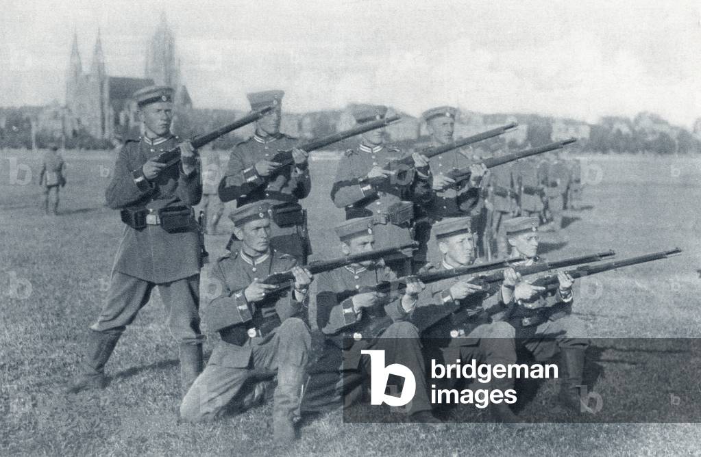 German volunteers at drill during World War I, from 'The Illustrated War News', published in 1915 (litho)