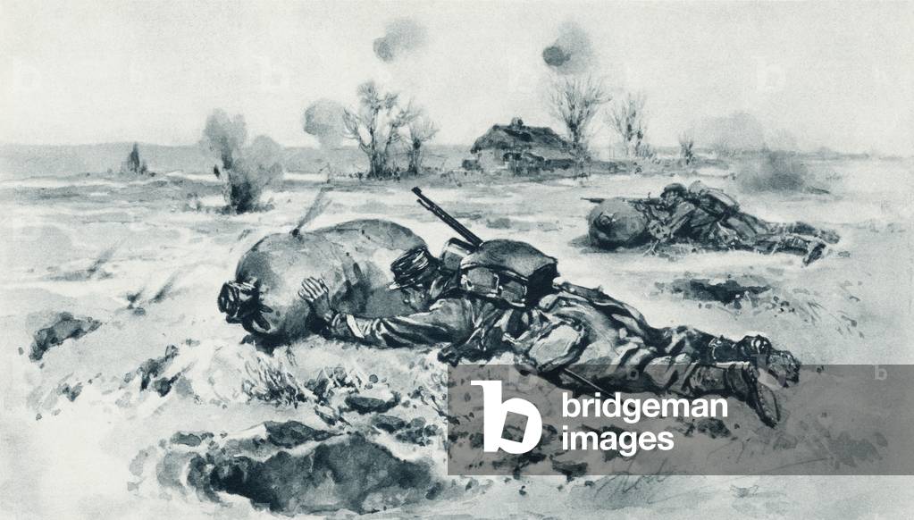 Trench defences used as cover for advancing troops - French soldiers rolling sandbags before them when moving against the enemy during the First World War, from 'The Illustrated War News', published in 1915 (litho)