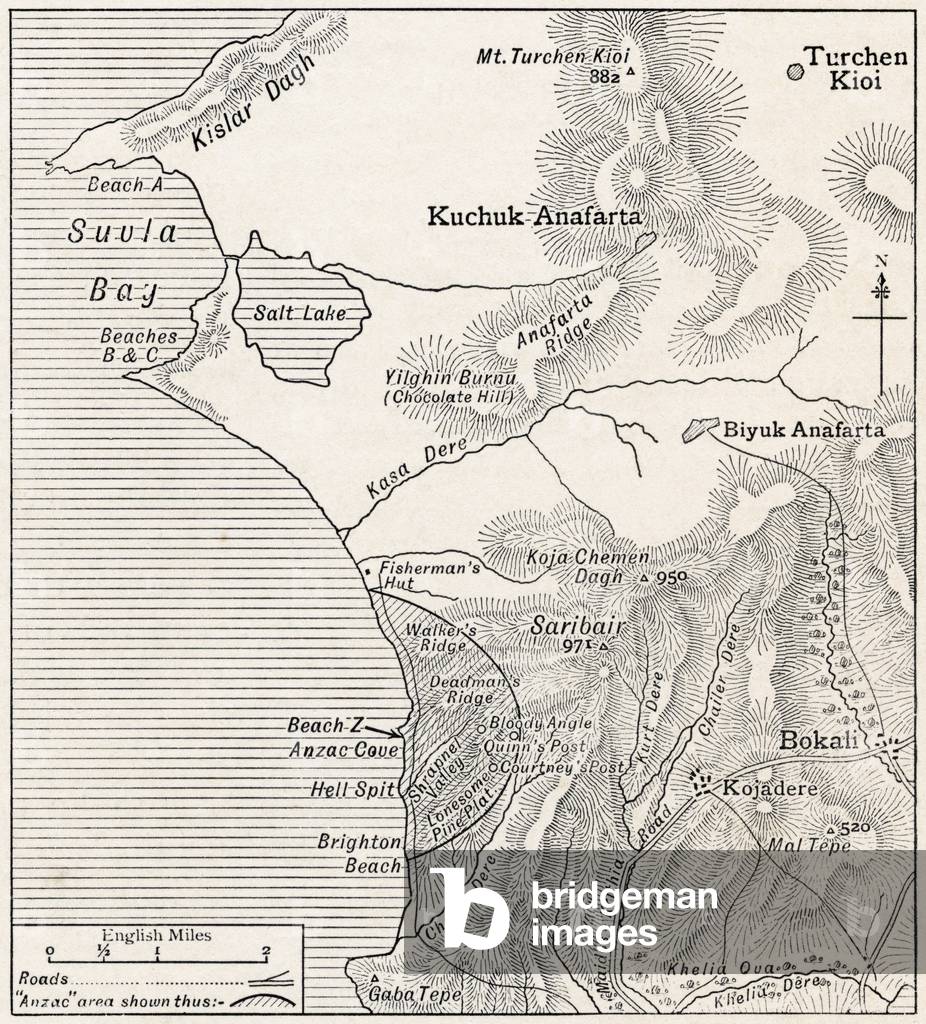 Map showing approximately the semicircular foothold of the Australians and New Zealanders above ANZAC Cove in July 1915, from 'The Great World War: A History', volume III, 1916 (litho)