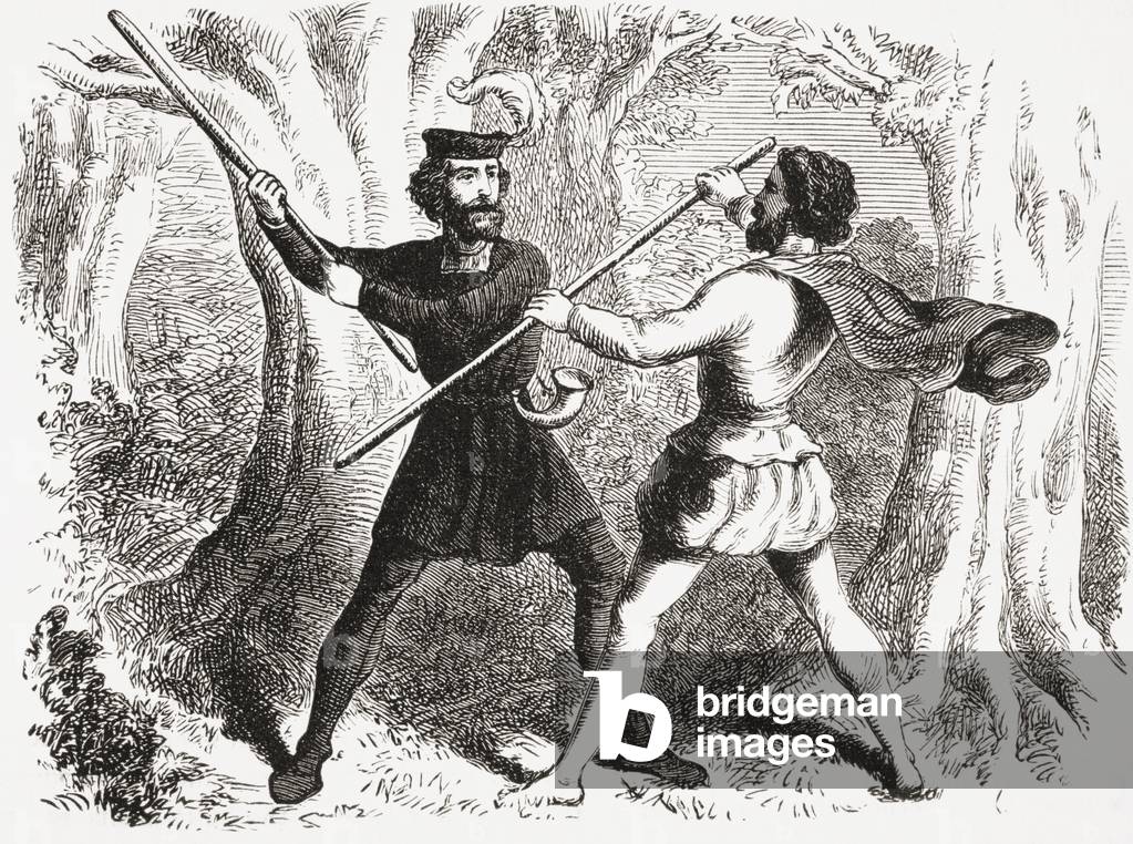 Two men fighting with quarter staffs, Robin Hood and Little John, from The National and Domestic History of England by William Aubrey pub. London, c.1890