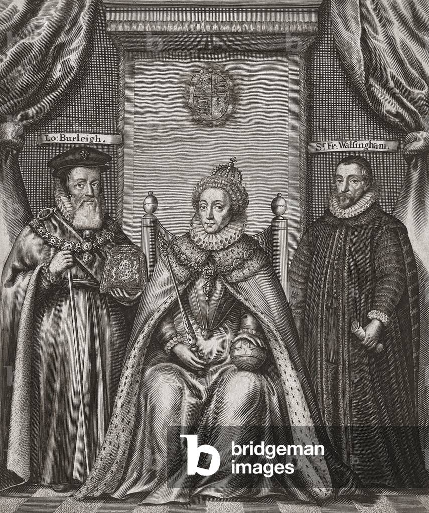 William Cecil, 1st Baron Burghley, Queen Elizabeth I and Sir Francis Walsingham (print)