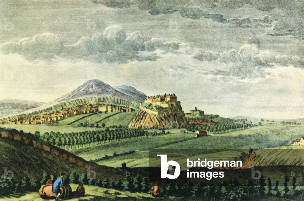 View of Edinburgh, Scotland, seen from the west c.1750. After the engraving by Paul Sandby.  From Impressions of English Literature, published 1944.