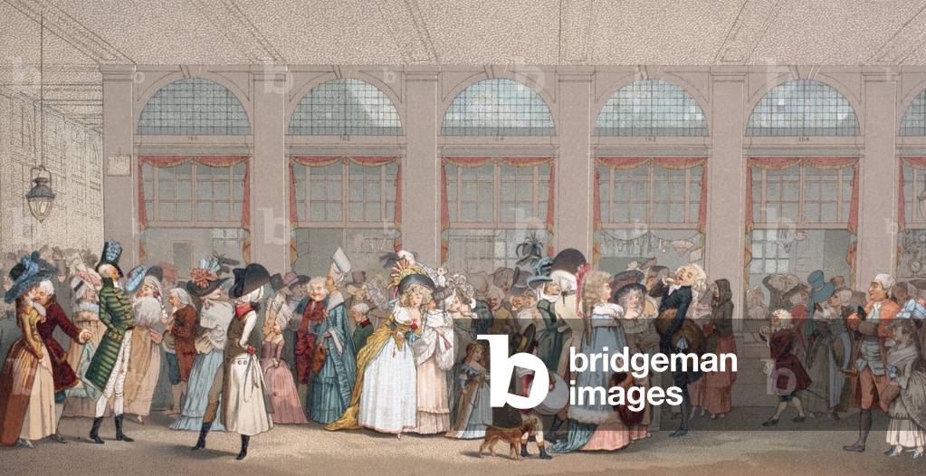 The promenoir en bois, or wooden walkway in the Palais-Royal, Paris, France, from XVIII Siecle Institutions, Usages et Costumes, pub.Paris 1875