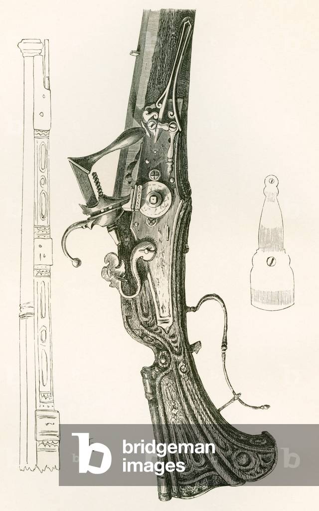 The wheel and matchlock combined, c.1620, from The British Army: Its Origins, Progress and Equipment, published 1868.