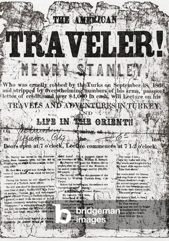 From a handbill of Henry Morton Stanley's first lecture in America. Sir Henry Morton Stanley, born John Rowlands,from The Strand Magazine, Vol I January to June, 1891