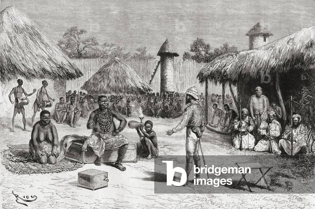 Reception for explorer Pietro Paolo Savorgnan di Brazza in Chief Ketimkuru's house, Uemba, Central Africa, from 'Africa Pintoresca', published 1888 (engraving)