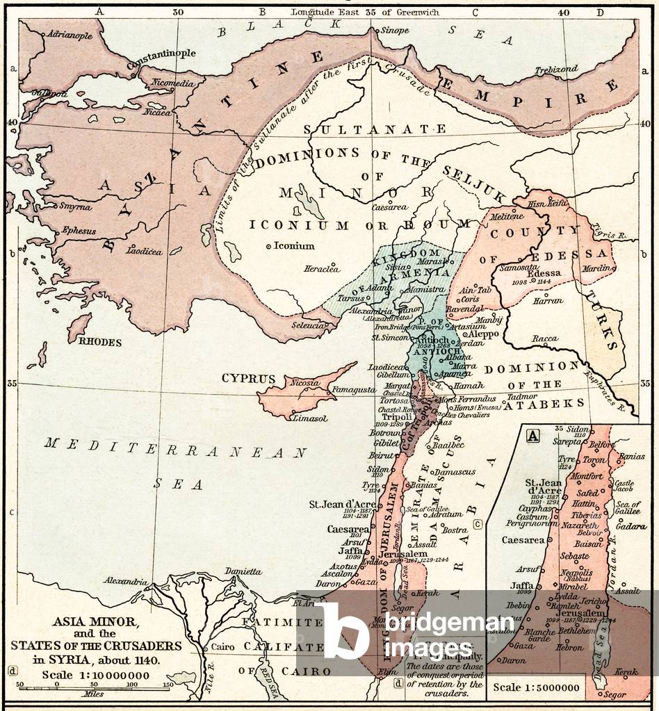 Map of Asia Minor and the Crusader states in Syria, c. 1140.  From Historical Atlas, published 1923.