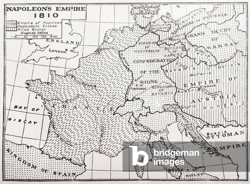 Map showing Napoleon's Empire, France, 1810, from 'France, Mediaeval and Modern A History', pub.1918 (print)