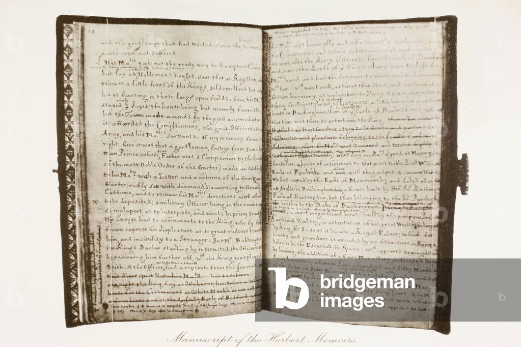 Manuscript of the 'Threnodia Carolina' or 'Memoirs of the Last Years of the Reign of King Charles I' by Sir Thomas Herbert, from 'Memoirs of the Martyr King' by Allan Fea, published 1905 (litho)