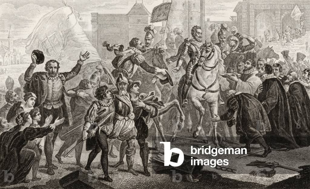 Henri IV (1553-1610) enters Paris in 1594, from 'Histoire de France' by Colart, published c.1840 (engraving)