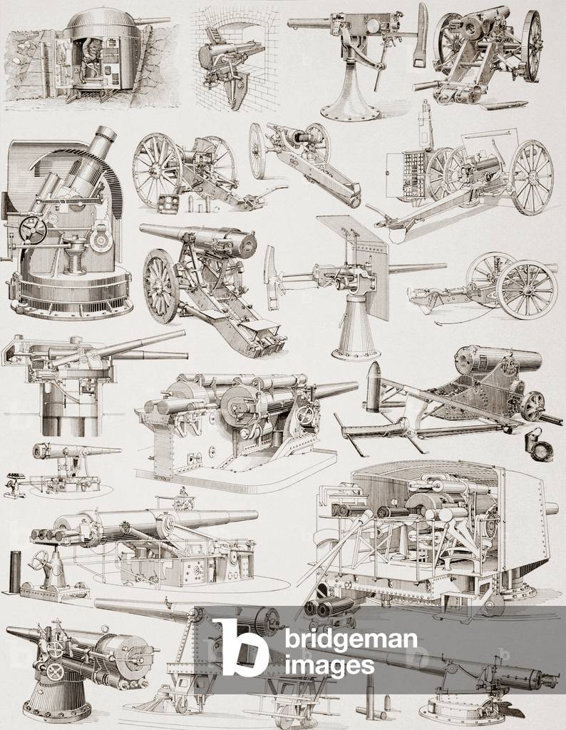 Heavy artillery, from 'Enciclopediaa Ilustrada Segui', pub.1908 (print0