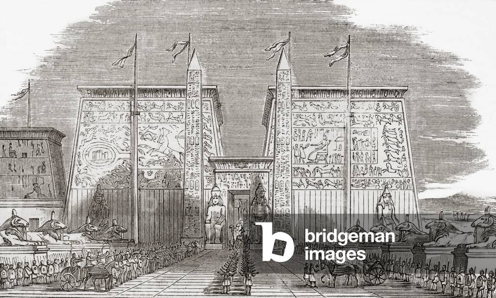 Illustration suggesting how the Propylon or Gate of the Temple of Luxor, Egypt would have looked in its day.