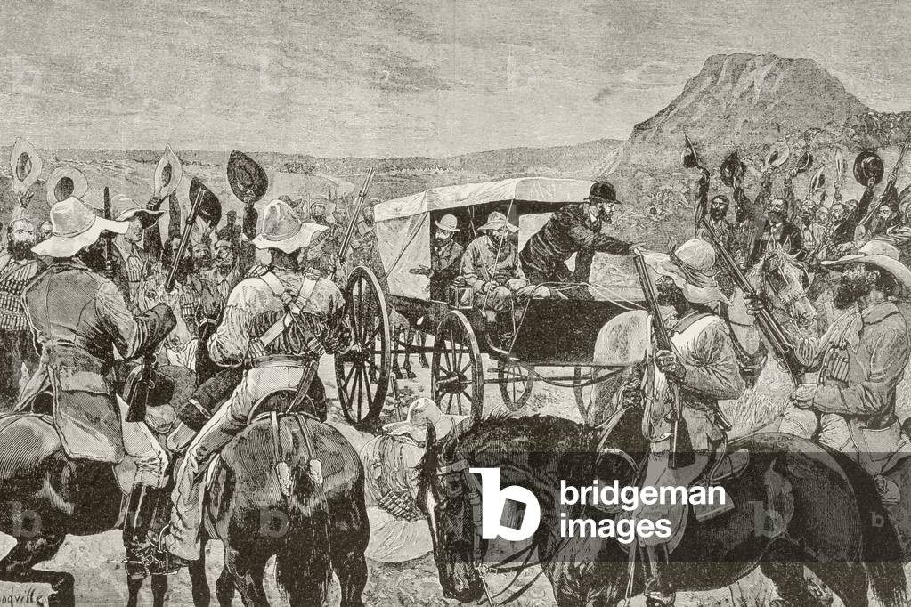 Sir Johannes Brand announces peace, from 'Afrika, dets Opdagelse, Erobring og Kolonisation', published 1901 in Copenhagen (litho)