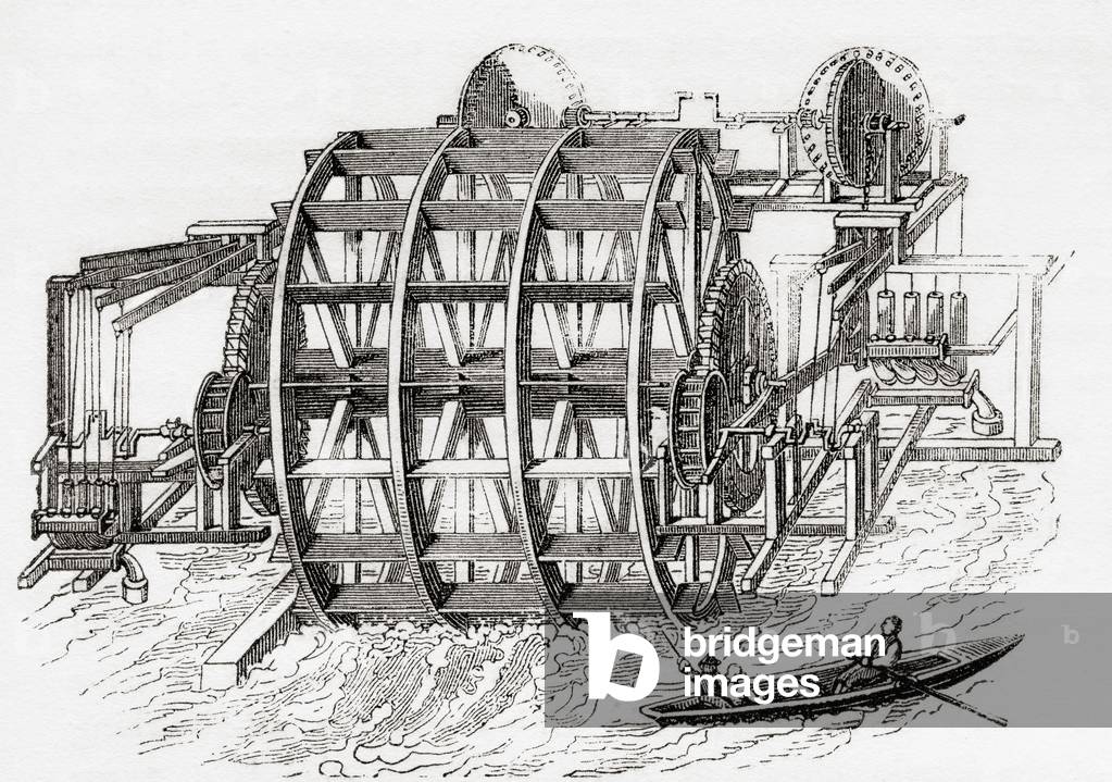 The old waterworks of London Bridge, London, England, for the supply of the City of London with Thames water, from Old England: A Pictorial Museum, pub. 1847
