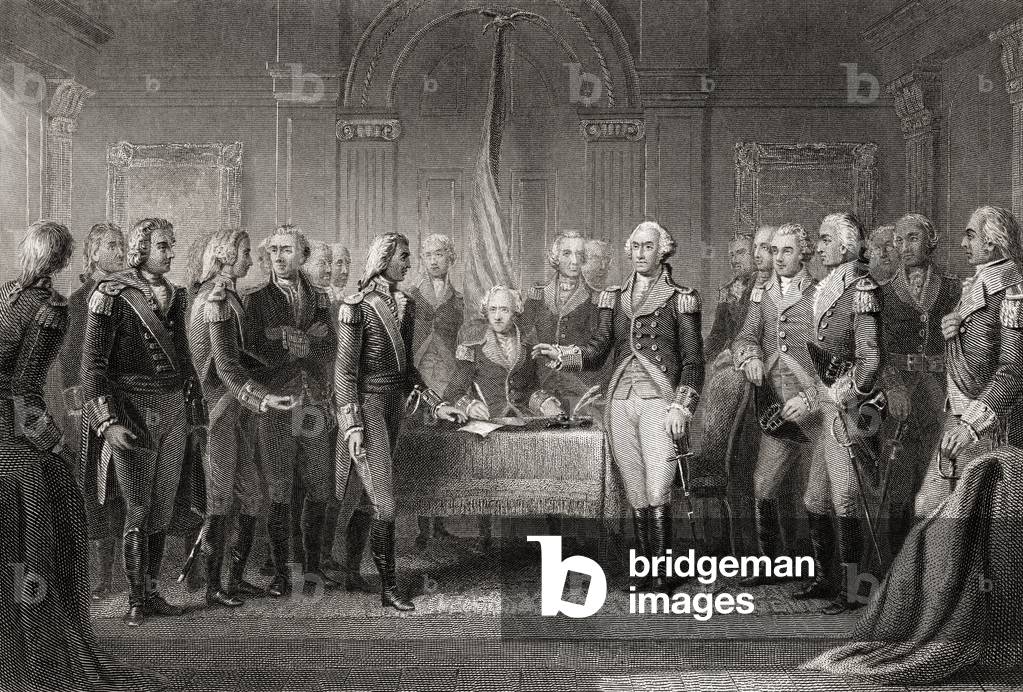 Interview of Howes messenger with Washington 1776.  From a 19th century print engraved by Joseph Stancliffe after M A Wageman