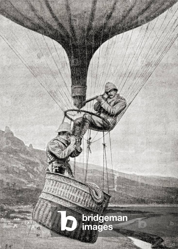 Observing the enemy from a military balloon during the second Boer War, from 'South Africa and the Transvaal War', by Louis Creswicke, published 1900 (litho)