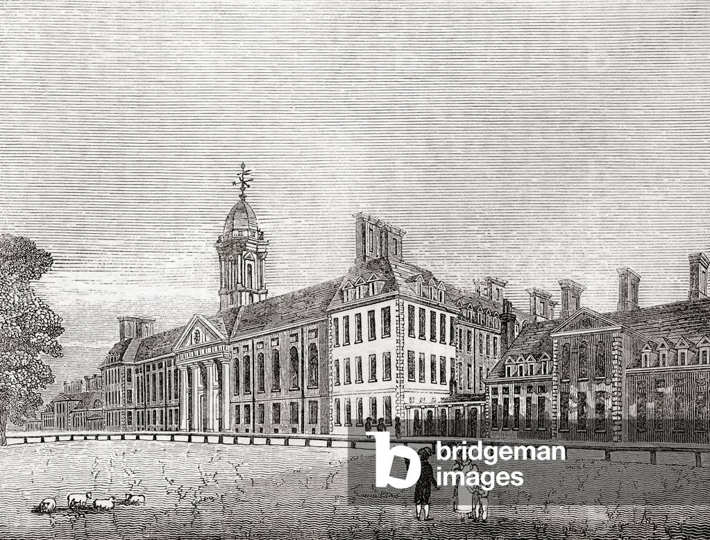 The north front of The Royal Hospital Chelsea, Chelsea, London, England, a retirement and nursing home for veterans of the British Army, from Old England: A Pictorial Museum, pub. 1847