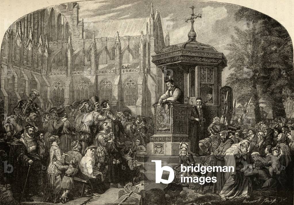 Hugh Latimer (c.1485-1555) preaching to the civic authorities at St. Paul's Cross in 1548 (engraving)