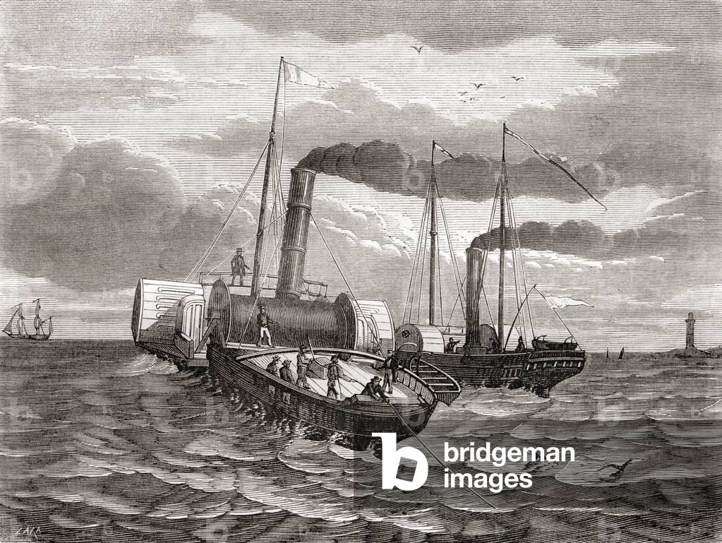 A first attempt in 1850 by John Watkins Brett's Anglo-French Telegraph Company to lay the first line under the English Channel, from Dover to Calais, using the converted tugs Goliath and Widgeon, from Les Merveilles de la Science, published c.1870 (engraving)
