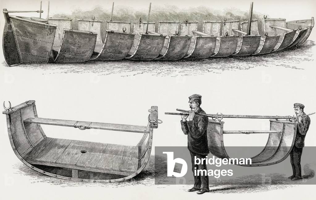 The 28-foot steel boat Advance, designed to be carried over land, 1890 (wood engraving)