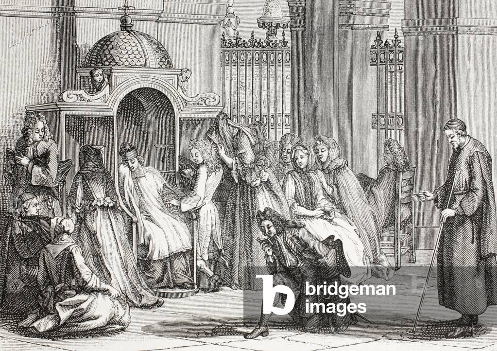People in church gathered around the priest, waiting to make their confession, after a work by Bernard Picart, from 'XVIII Siecle Institutions, Usages et Costumes', published 1875 (litho)