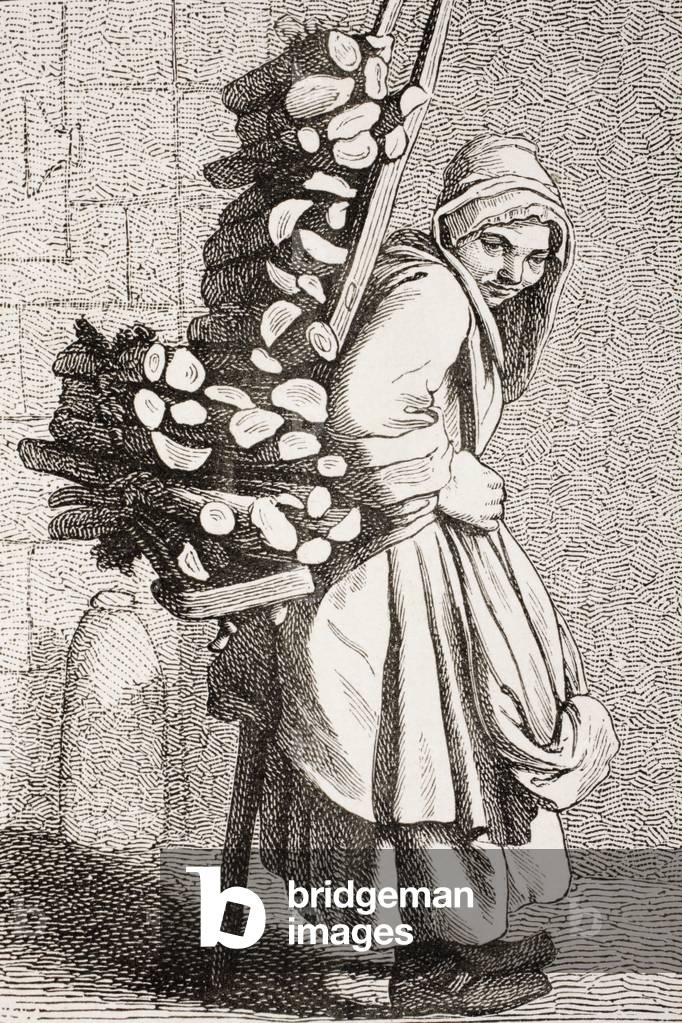 A Woman Carrying Firewood to Sell in 18th Century Paris, 1875 (engraving)